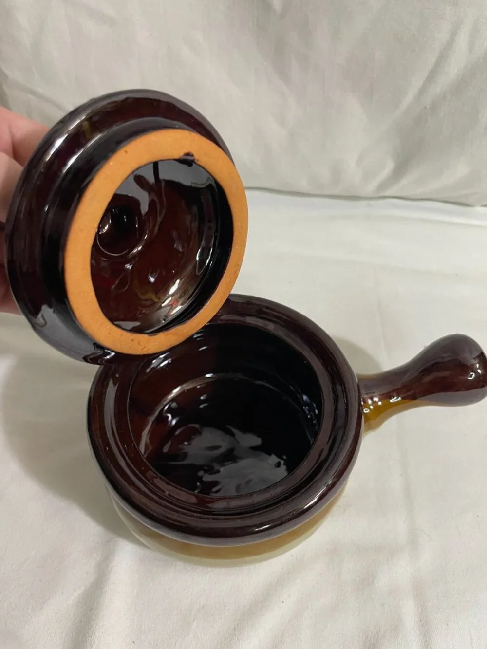 Vintage Brown Drip Glaze Covered Ceramic Individual Soup Crock Pot w/ Handle & L